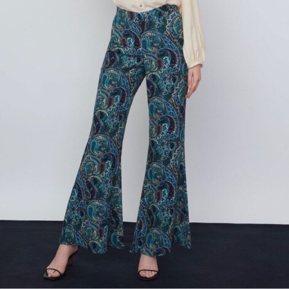 Zara Paisley Blue Swirl High Waisted Flare Pants